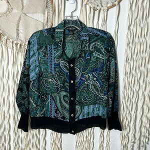 Citron Santa Monica Blue and Teal Paisley Button Down Top Jacket M